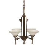 An Art Deco bronze and glass light fitting with four beaded frosted shades. height 81cm. width