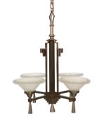 An Art Deco bronze and glass light fitting with four beaded frosted shades. height 81cm. width