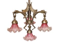 A 1930's Austrian silvered bronze four light chandelier decorated with stylised birds heads, with