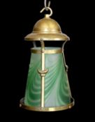 An English Arts & Crafts Benson style brass light fitting with marbled glass, height 25cm. width
