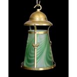 An English Arts & Crafts Benson style brass light fitting with marbled glass, height 25cm. width