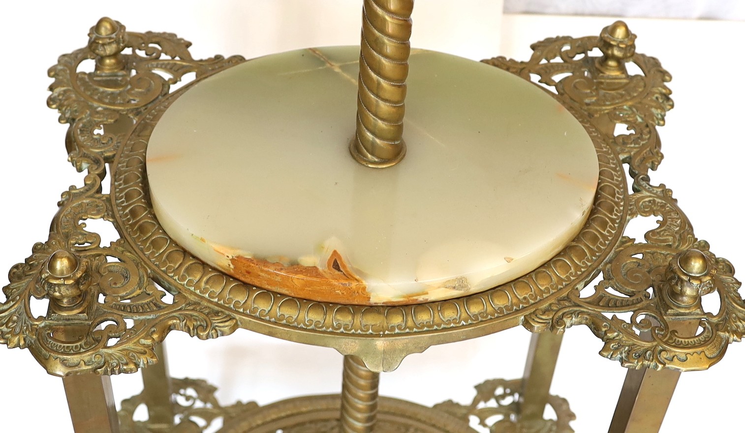 A late 19th century English pierced brass green onyx and glass lamp standard etagere, height overall - Image 3 of 5