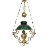 A 19th century French embossed brass counterbalanced hanging oil lamp with opaque glass shade,