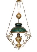 A 19th century French embossed brass counterbalanced hanging oil lamp with opaque glass shade,