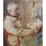 William Lucas (1840-1895), watercolour, Interior with old man reading a book, signed and dated '