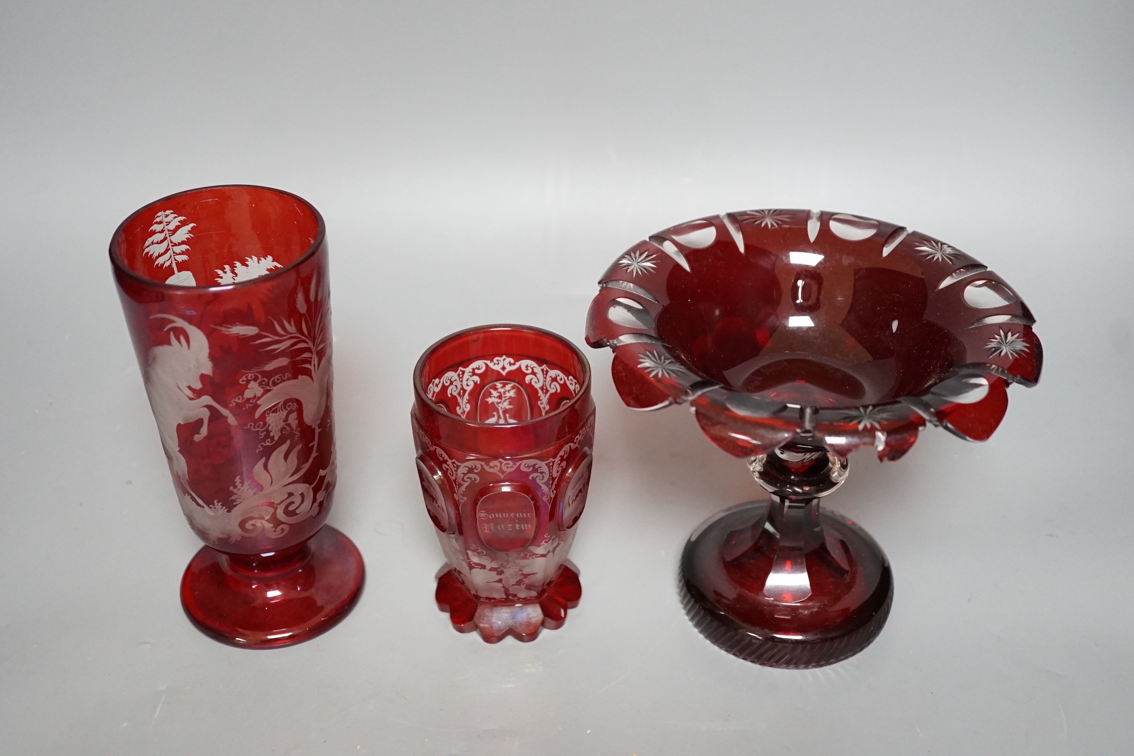 Two Bohemian Red stained glass vases and a comport, tallest 17cms high - Image 2 of 5