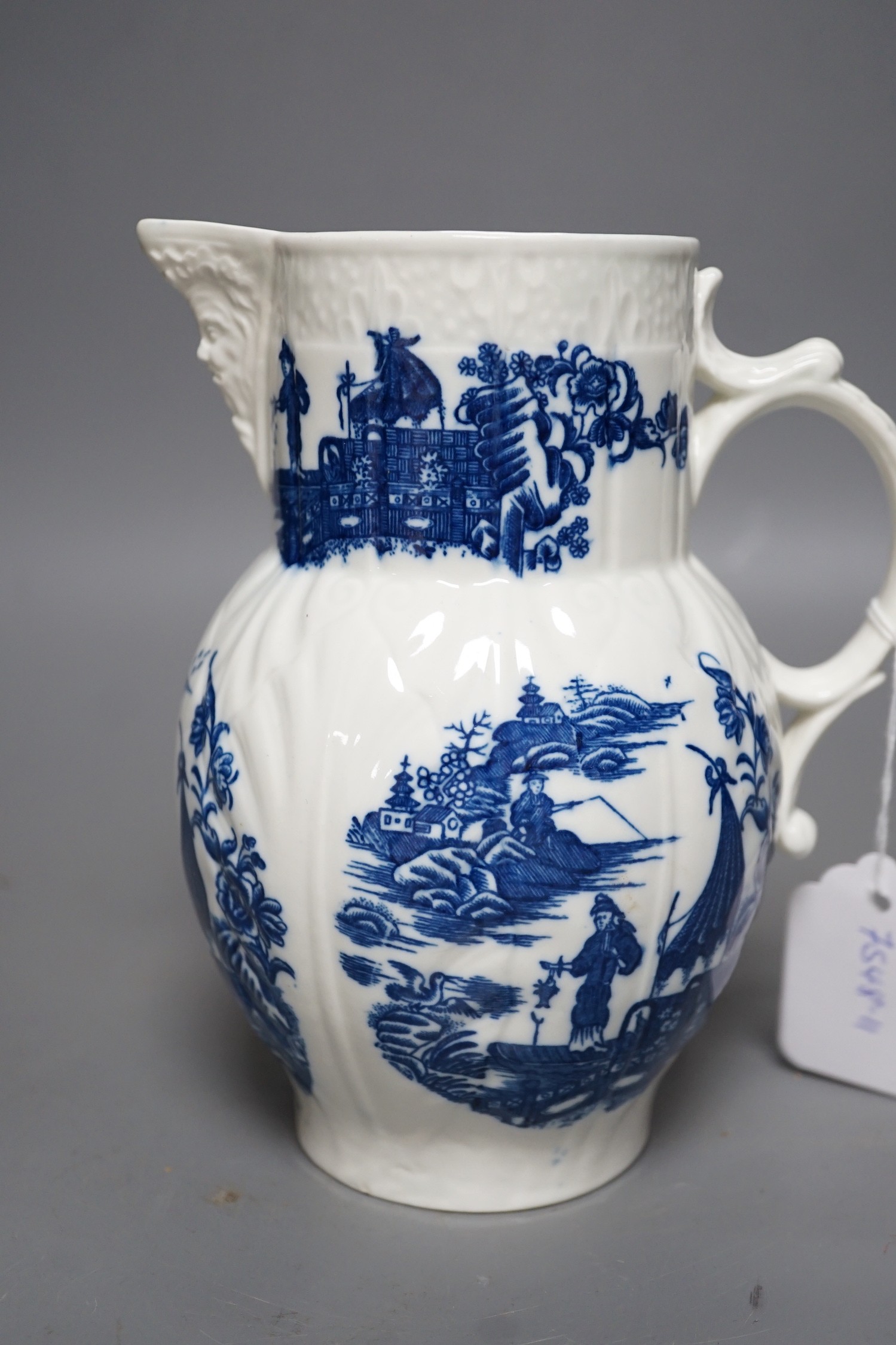 A Caughley baluster mask jug of cabbage leaf moulded shape, printed in underglaze blue with five - Image 3 of 4