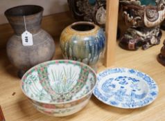 Two studio pottery vases, a Japanese enamelled porcelain bowl and a Masons Ironstone blue and