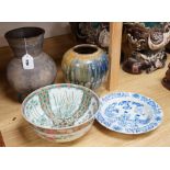 Two studio pottery vases, a Japanese enamelled porcelain bowl and a Masons Ironstone blue and