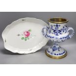 A blue and white Meissen oil lamp stem and an oval Meissen floral platter, 37cm wide