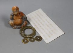 Assorted Chinese items to include a jade ring, coins, a stone inscribed plaque, 15.8 x 8cm and a