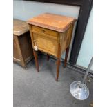 An early 20th century French banded bird's eye maple marble topped bedside cabinet, width 43cm,
