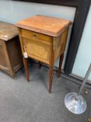 An early 20th century French banded bird's eye maple marble topped bedside cabinet, width 43cm,