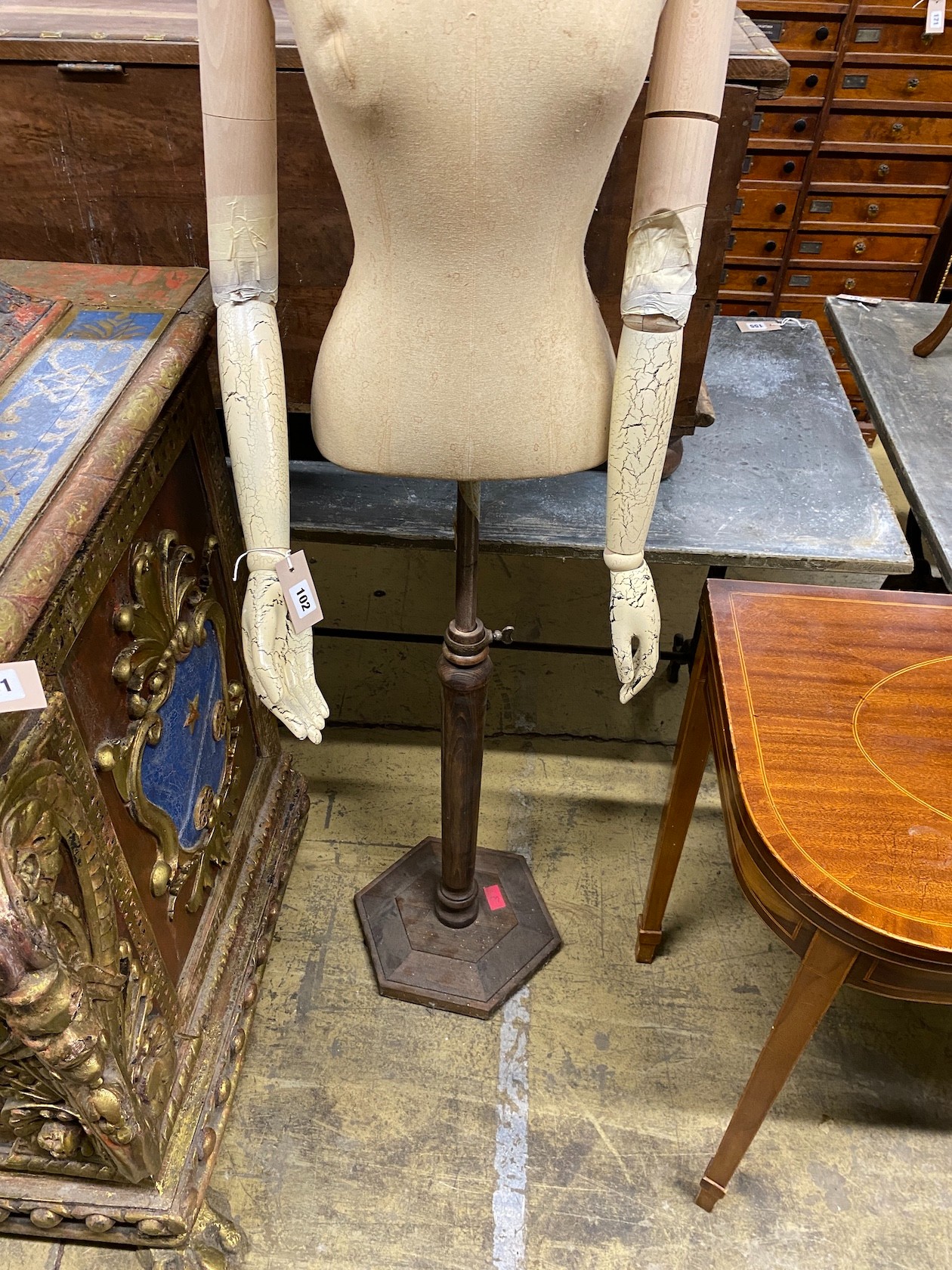 A Victorian style canvas, beech and composition mannequin on telescopic stand - Image 2 of 2