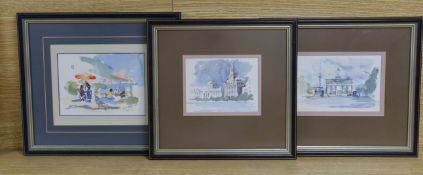 Granville Cayley, three watercolours, Carribbean beach scene, Thames view and View of a memorial,