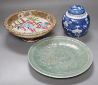 A Chinese famille rose pedestal dish, 23cm, a Thai celadon dish and a blue and white prunus jar