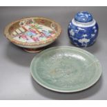 A Chinese famille rose pedestal dish, 23cm, a Thai celadon dish and a blue and white prunus jar