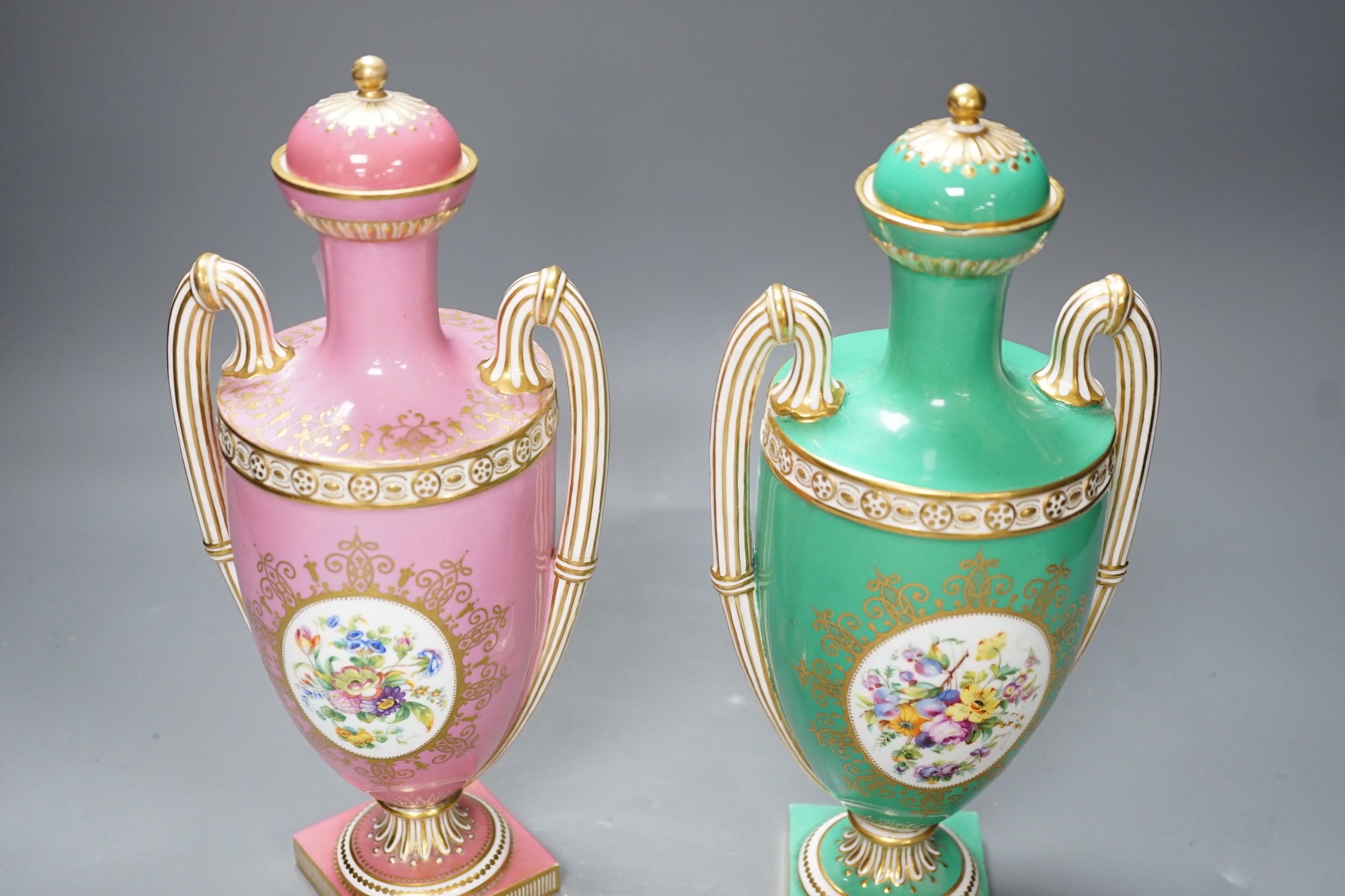 A pair of Coalport Coalbrookdale two handled vases with central oval panelled floral painting and - Image 2 of 3