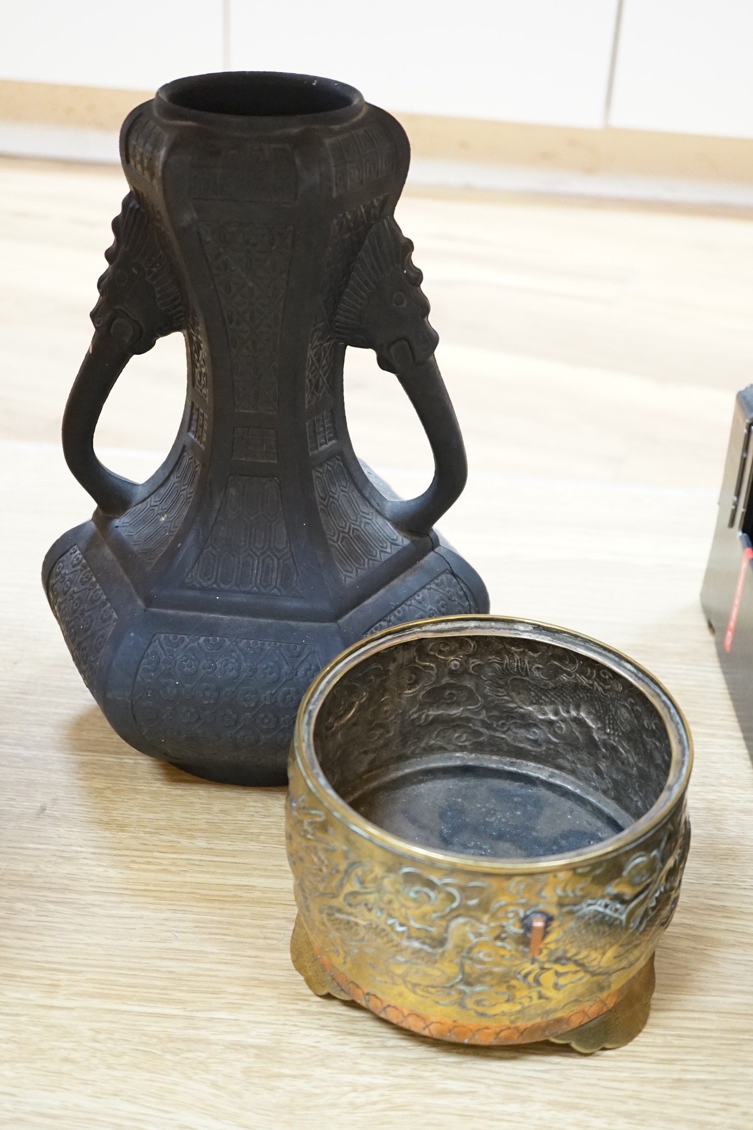 A Chinese copper and brass jardiniere and a faux bronze type vase