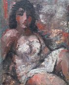 Modern British, oil on canvas, Study of a seated woman, indistinctly signed, 50 x 40cm