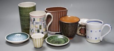 Seven pieces of Rye pottery to include a Dennis Townsend marked mosaic tankard, another small star