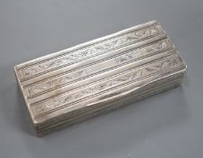 A mid 19th century Portuguese white metal rectangular snuff box, Oporto 1843-1853 mark, 87mm, 83