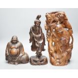 Two Chinese wooden figures and a Bizen pottery figure