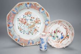An 18th century Chinese export octagonal dish, a similar saucer and an underglaze blue and red snuff