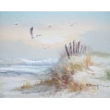 J. Thompson, oil on board, Beach scene, signed, 19 x 24cm