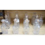 A set of 13 Victorian etched and named glass decanters; Mint, Aniseed, Port, I.Whisky, C.Brandy, G.