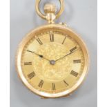 An engraved 14k open face fob watch, with Roman dial, 37m, gross weight 38.7 grams.