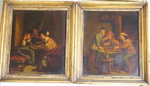 19th century German School, pair of oils on zinc panels, 17th century tavern scenes, 20 x 16cm