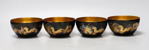 Four Chinese Republic Fuzhou lacquer dragon bowls. 11cm diameter