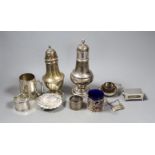 Sundry small silver including two sugar casters, tallest Chester, 1922, 21cm, two mugs, match