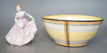 A Clarice Cliff bowl, 22cm and Doulton figure 'Invitation'