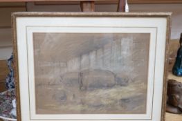 John Duvall (1816-1892), pencil and conté crayon, 'Pigs and chickens in farmyard', Exhibition