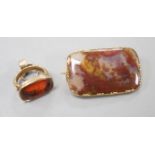 A Victorian yellow metal overlaid seal and and intaglio carnelian set seal, 21mm and a yellow