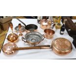 Le Cellier Havard Brevete copper warming pan and ten other pieces of copper kitchenalia