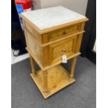 An early 20th century French marble topped bird's eye maple bedside table, width 40cm, depth 35cm,