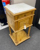 An early 20th century French marble topped bird's eye maple bedside table, width 40cm, depth 35cm,