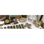 A group of assorted metalwares including plated wares, irons, scales, miniature candlesticks etc.