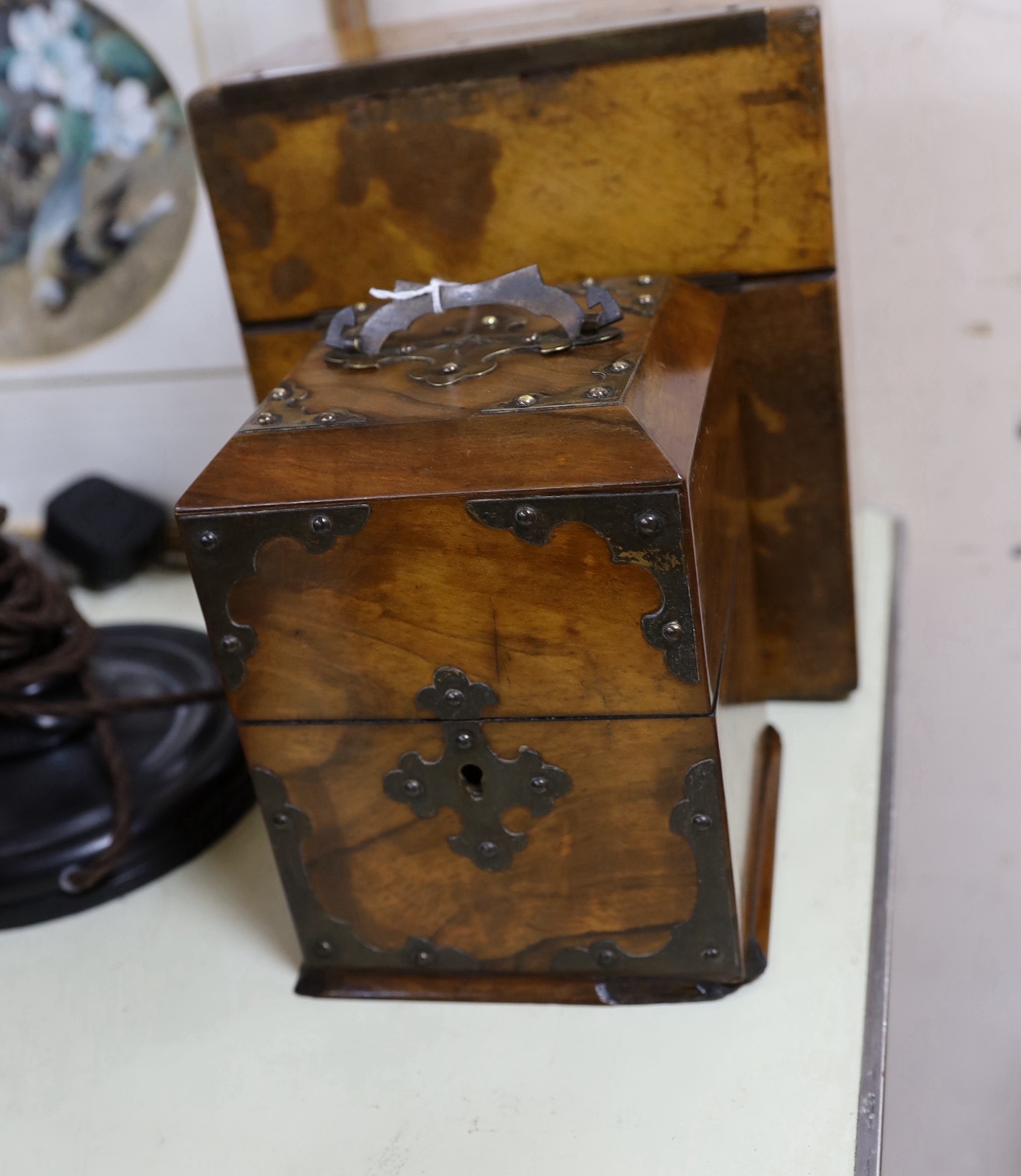 A Victorian four bottle decanter box with brass mounts, a similar 2 bottle box and two other boxes - Image 4 of 5