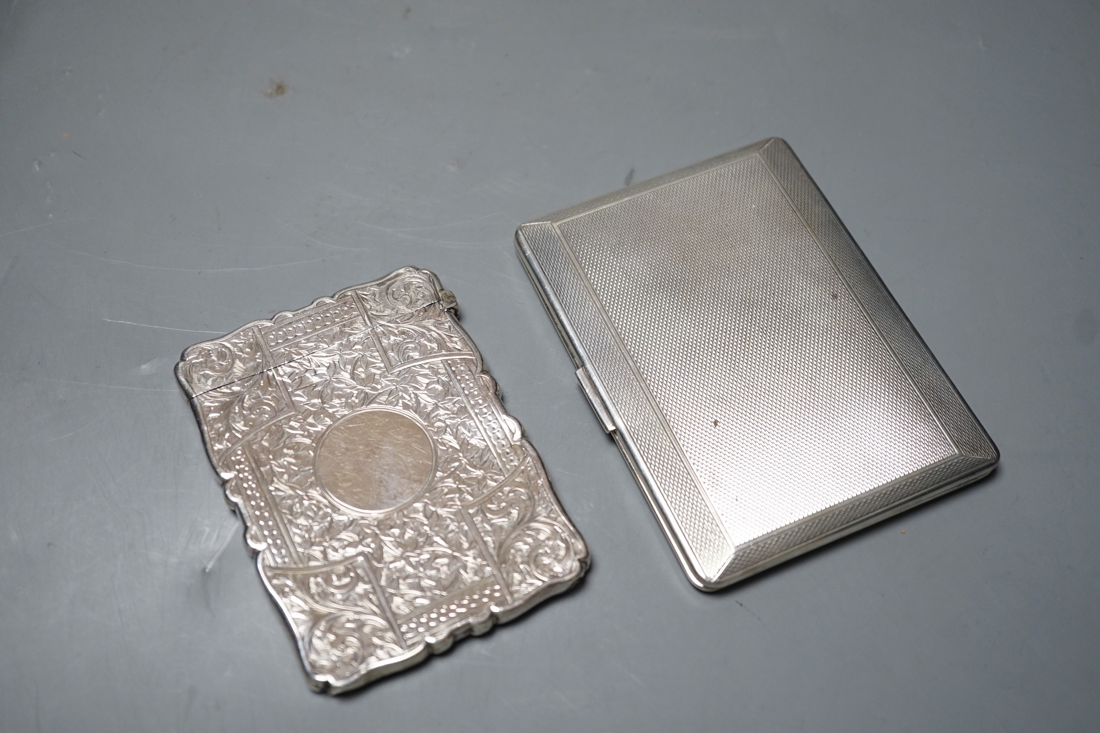 A late Victorian engraved silver calling card case, Birmingham, 1892, 98mm, and a George V engine - Image 2 of 2