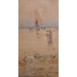 Oswald Garside RI, (1879-1942), watercolour, Fisherfolk along the coast, signed, 21 x 11cm