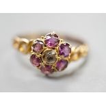 A late Victorian 15ct gold amethyst and quartz? cluster set dress ring, size P, gross weight 1.3