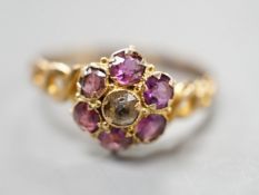 A late Victorian 15ct gold amethyst and quartz? cluster set dress ring, size P, gross weight 1.3