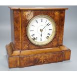 A late 19th century burr walnut and marquetry mantel clock, 21.5cm high