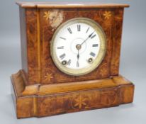 A late 19th century burr walnut and marquetry mantel clock, 21.5cm high
