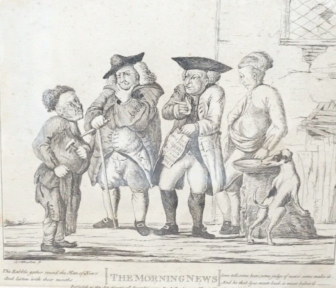 Six assorted 18th century and later printed caricatures including The Morning News by H W Bunbury