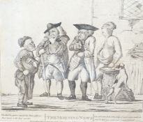 Six assorted 18th century and later printed caricatures including The Morning News by H W Bunbury